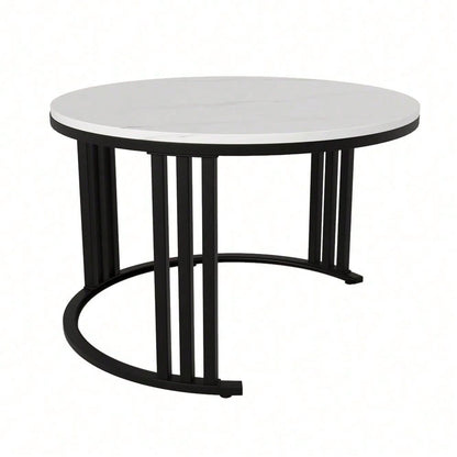 2-in-1 runder MDF-Couchtisch, Beistelltisch mit glänzender Platte und 1 weißer Marmorplatte, Wohnzimmer-Couchtischkombination mit 2 Schubladen, 70*70*46 + 50*50*40 cm