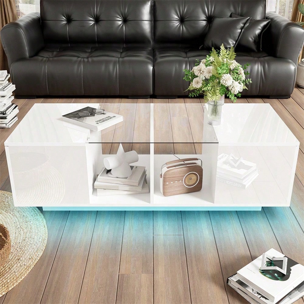 Moderner weißer Couchtisch mit LED-Beleuchtung, hochglänzender Tischplatte, 120 x 50 x 38,5 cm