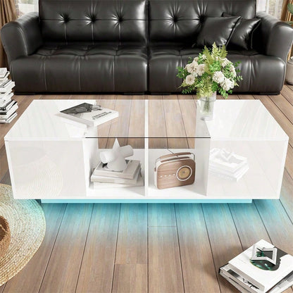 Moderner weißer Couchtisch mit LED-Beleuchtung, hochglänzender Tischplatte, 120 x 50 x 38,5 cm