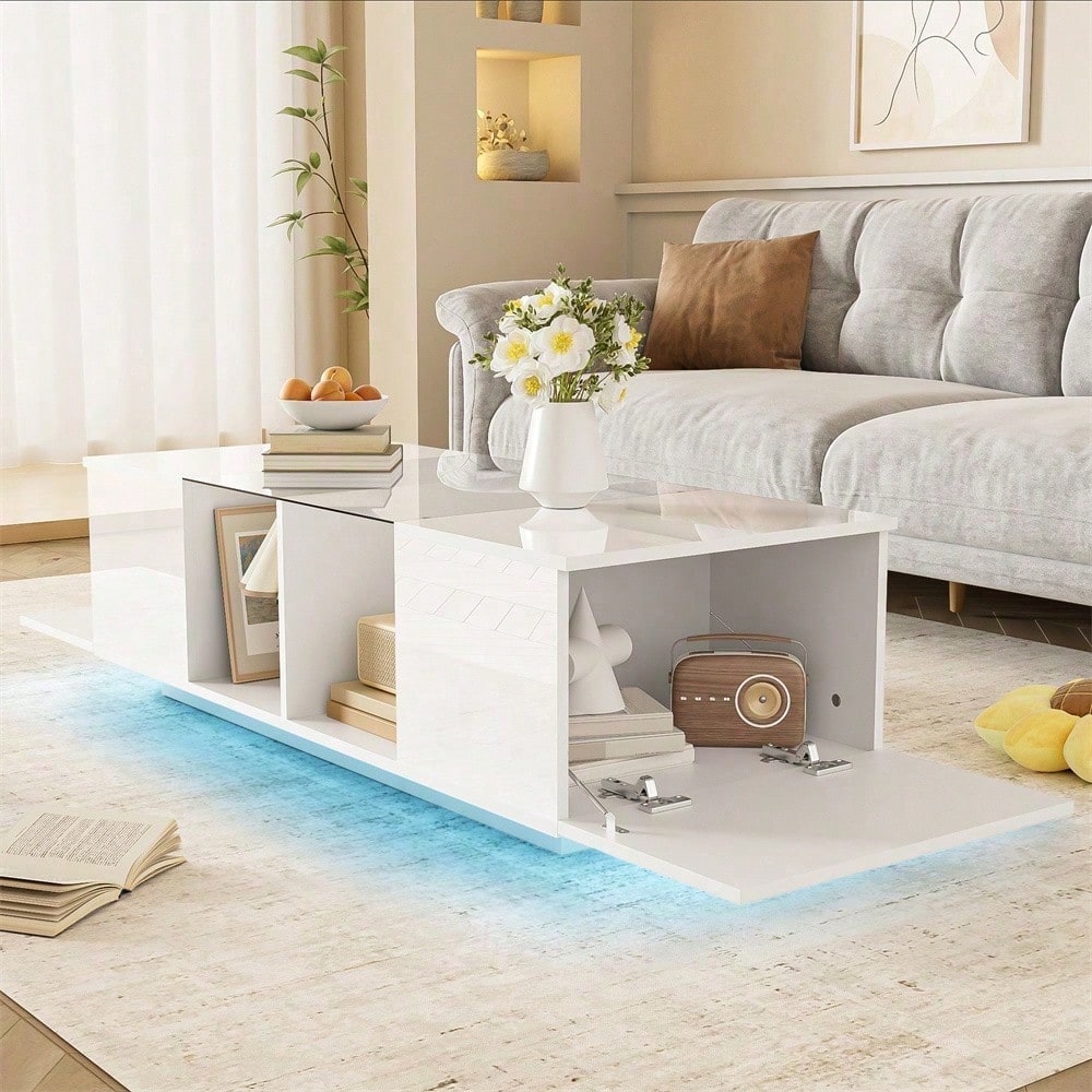 Moderner weißer Couchtisch mit LED-Beleuchtung, hochglänzender Tischplatte, 120 x 50 x 38,5 cm