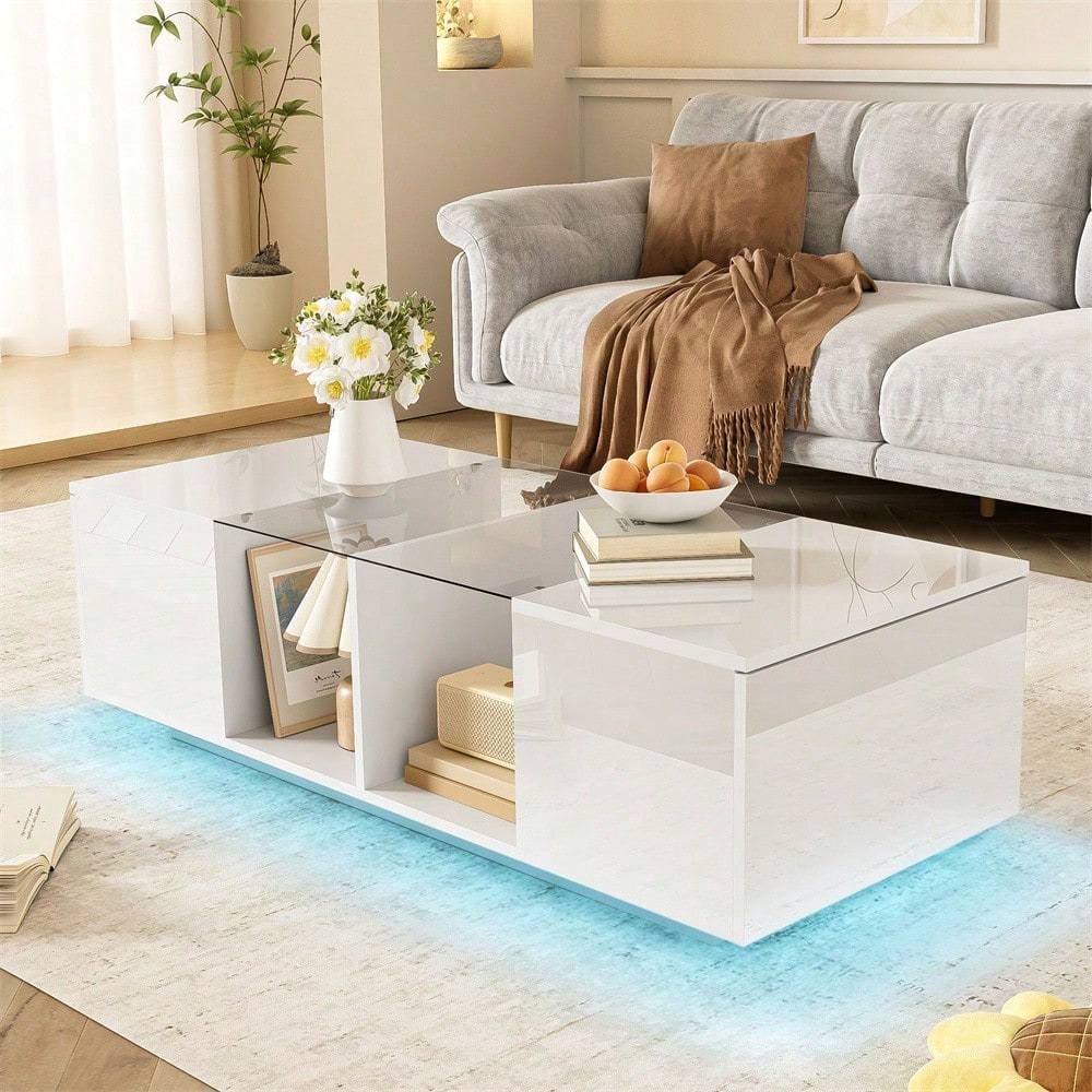 Moderner weißer Couchtisch mit LED-Beleuchtung, hochglänzender Tischplatte, 120 x 50 x 38,5 cm