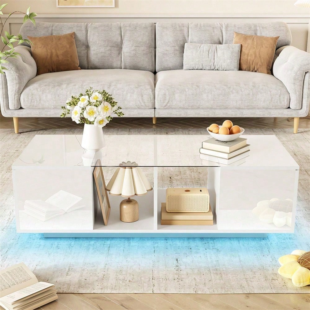 Moderner weißer Couchtisch mit LED-Beleuchtung, hochglänzender Tischplatte, 120 x 50 x 38,5 cm