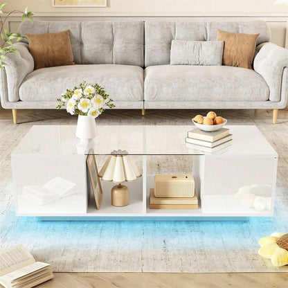 Moderner weißer Couchtisch mit LED-Beleuchtung, hochglänzender Tischplatte, 120 x 50 x 38,5 cm