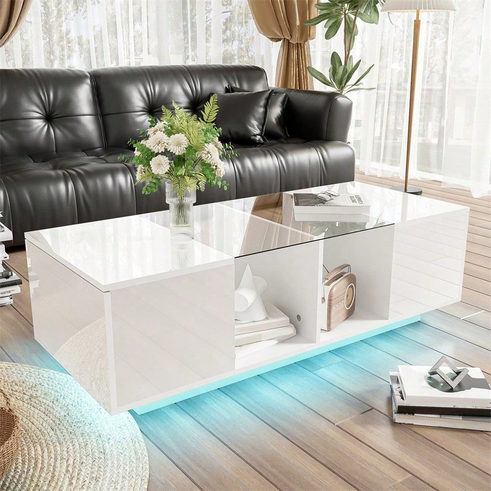 Moderner weißer Couchtisch mit LED-Beleuchtung, hochglänzender Tischplatte, 120 x 50 x 38,5 cm