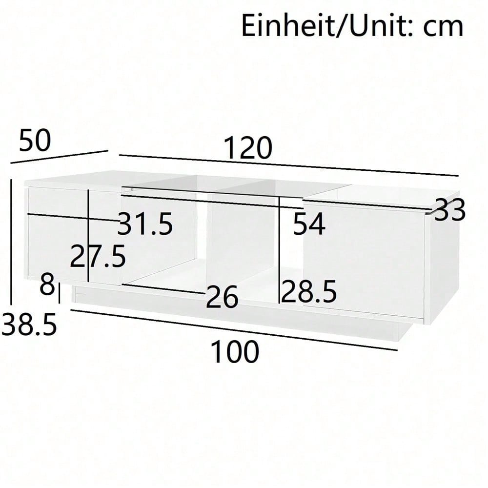 Moderner weißer Couchtisch mit LED-Beleuchtung, hochglänzender Tischplatte, 120 x 50 x 38,5 cm