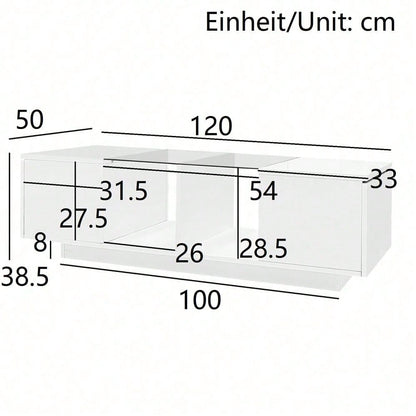 Moderner weißer Couchtisch mit LED-Beleuchtung, hochglänzender Tischplatte, 120 x 50 x 38,5 cm