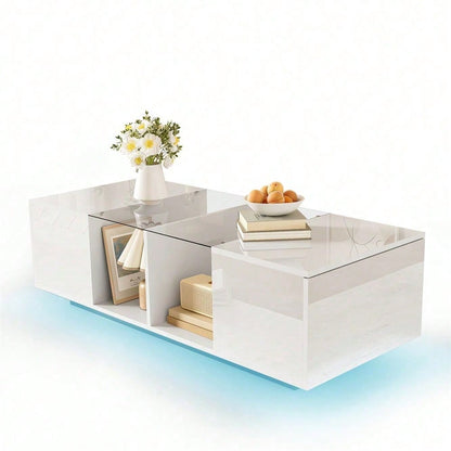 Moderner weißer Couchtisch mit LED-Beleuchtung, hochglänzender Tischplatte, 120 x 50 x 38,5 cm