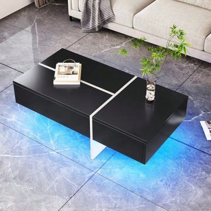 Hochglänzender Couchtisch, schwarz-weiße Colorblock-Struktur, Wohnzimmermöbel, 100*50*34,5cm, mit App-gesteuertem LED-Beleuchtungssystem