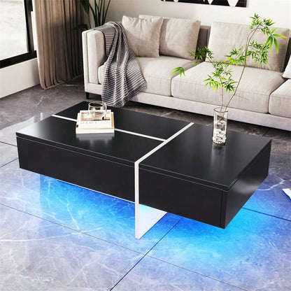 Hochglänzender Couchtisch, schwarz-weiße Colorblock-Struktur, Wohnzimmermöbel, 100*50*34,5cm, mit App-gesteuertem LED-Beleuchtungssystem