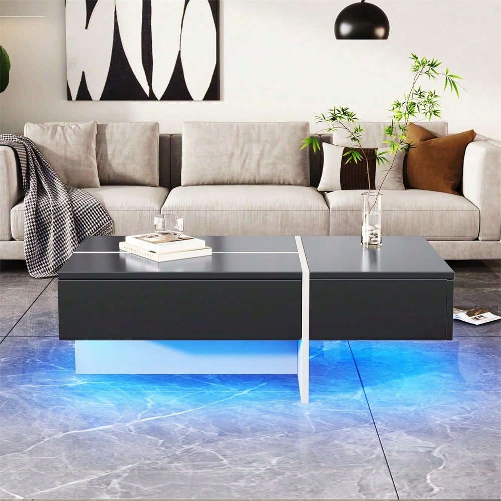Hochglänzender Couchtisch, schwarz-weiße Colorblock-Struktur, Wohnzimmermöbel, 100*50*34,5cm, mit App-gesteuertem LED-Beleuchtungssystem