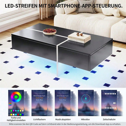 Hochglänzender Couchtisch, schwarz-weiße Colorblock-Struktur, Wohnzimmermöbel, 100*50*34,5cm, mit App-gesteuertem LED-Beleuchtungssystem