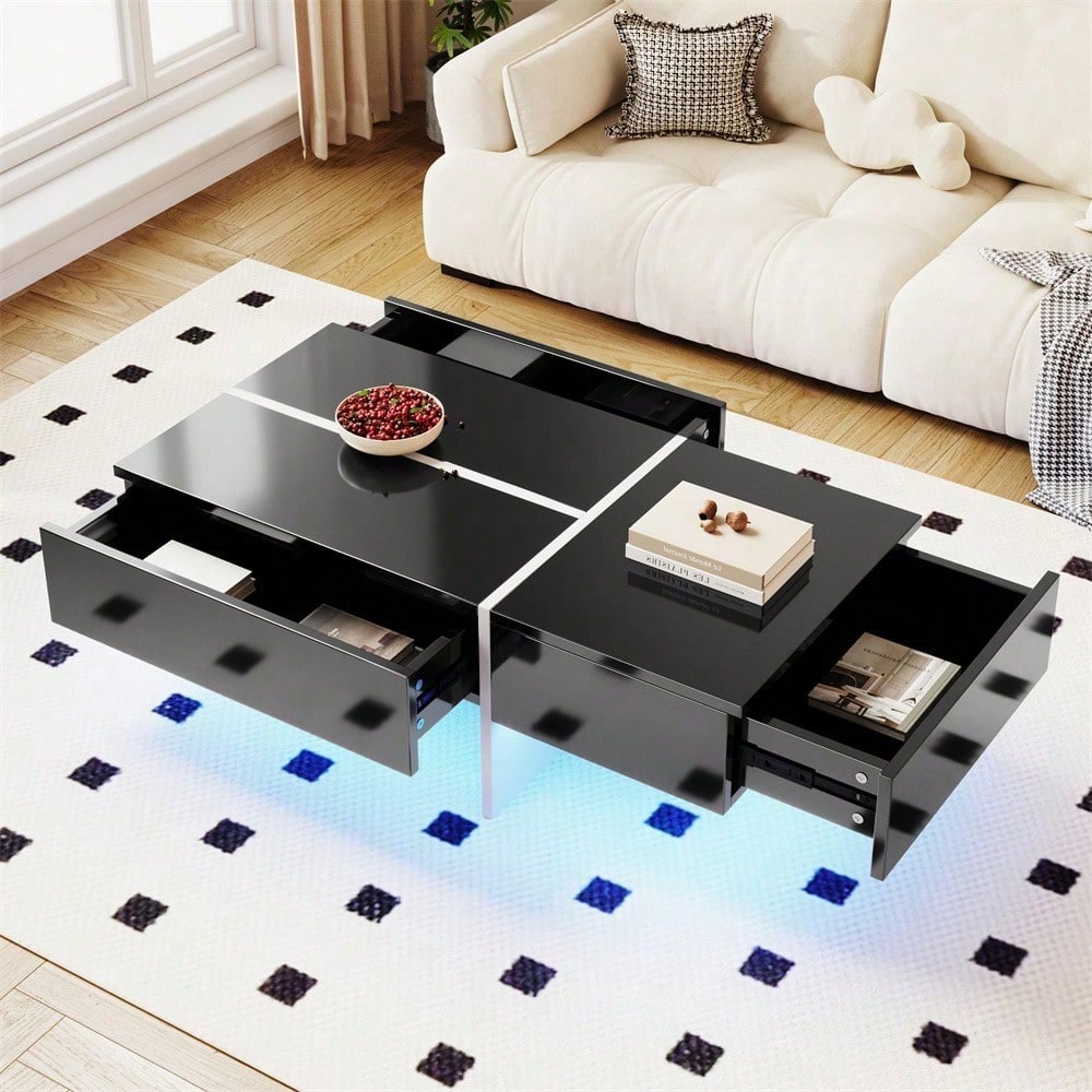 Hochglänzender Couchtisch, schwarz-weiße Colorblock-Struktur, Wohnzimmermöbel, 100*50*34,5cm, mit App-gesteuertem LED-Beleuchtungssystem
