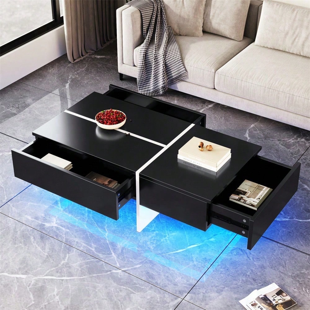 Hochglänzender Couchtisch, schwarz-weiße Colorblock-Struktur, Wohnzimmermöbel, 100*50*34,5cm, mit App-gesteuertem LED-Beleuchtungssystem