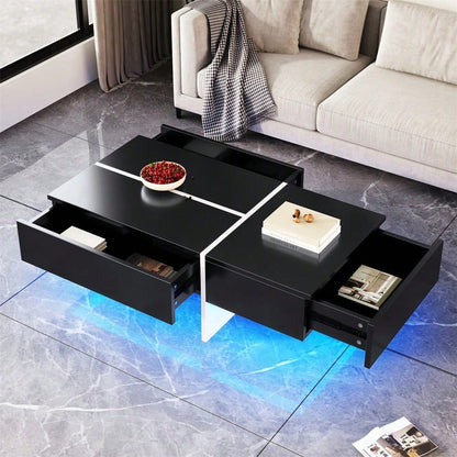 Hochglänzender Couchtisch, schwarz-weiße Colorblock-Struktur, Wohnzimmermöbel, 100*50*34,5cm, mit App-gesteuertem LED-Beleuchtungssystem