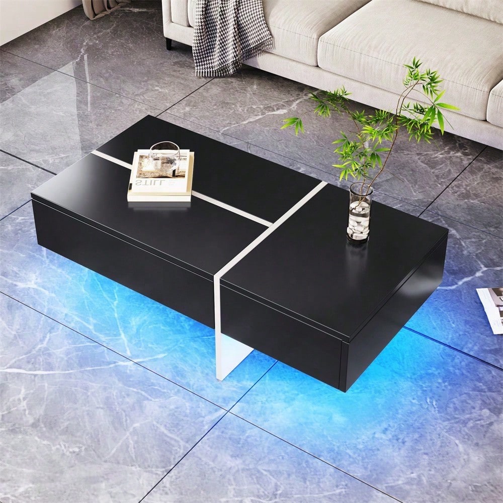Hochglänzender Couchtisch, schwarz-weiße Colorblock-Struktur, Wohnzimmermöbel, 100*50*34,5cm, mit App-gesteuertem LED-Beleuchtungssystem
