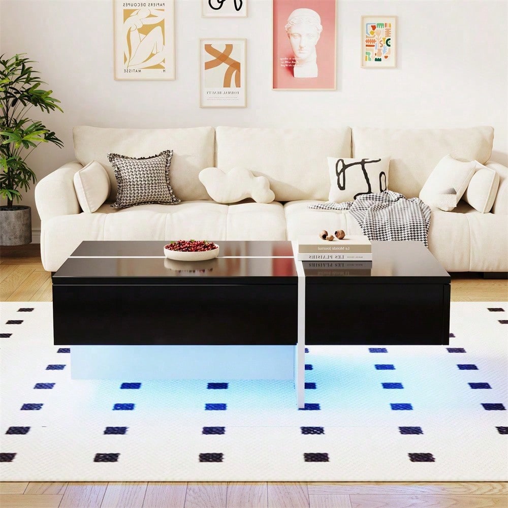 Hochglänzender Couchtisch, schwarz-weiße Colorblock-Struktur, Wohnzimmermöbel, 100*50*34,5cm, mit App-gesteuertem LED-Beleuchtungssystem
