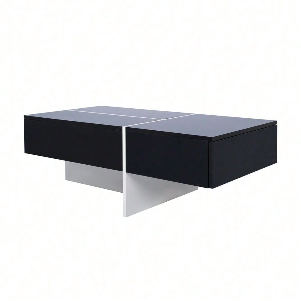 Hochglänzender Couchtisch, schwarz-weiße Colorblock-Struktur, Wohnzimmermöbel, 100*50*34,5cm, mit App-gesteuertem LED-Beleuchtungssystem
