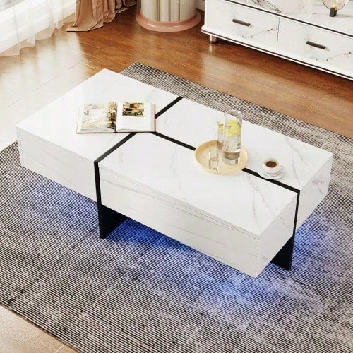 Hochglänzender Couchtisch, schwarz-weiße Colorblock-Struktur, Wohnzimmermöbel, 100*50*34,5cm, mit App-gesteuertem LED-Beleuchtungssystem