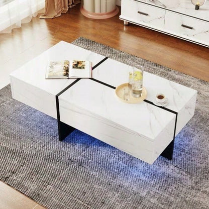 Hochglänzender Couchtisch, schwarz-weiße Colorblock-Struktur, Wohnzimmermöbel, 100*50*34,5cm, mit App-gesteuertem LED-Beleuchtungssystem