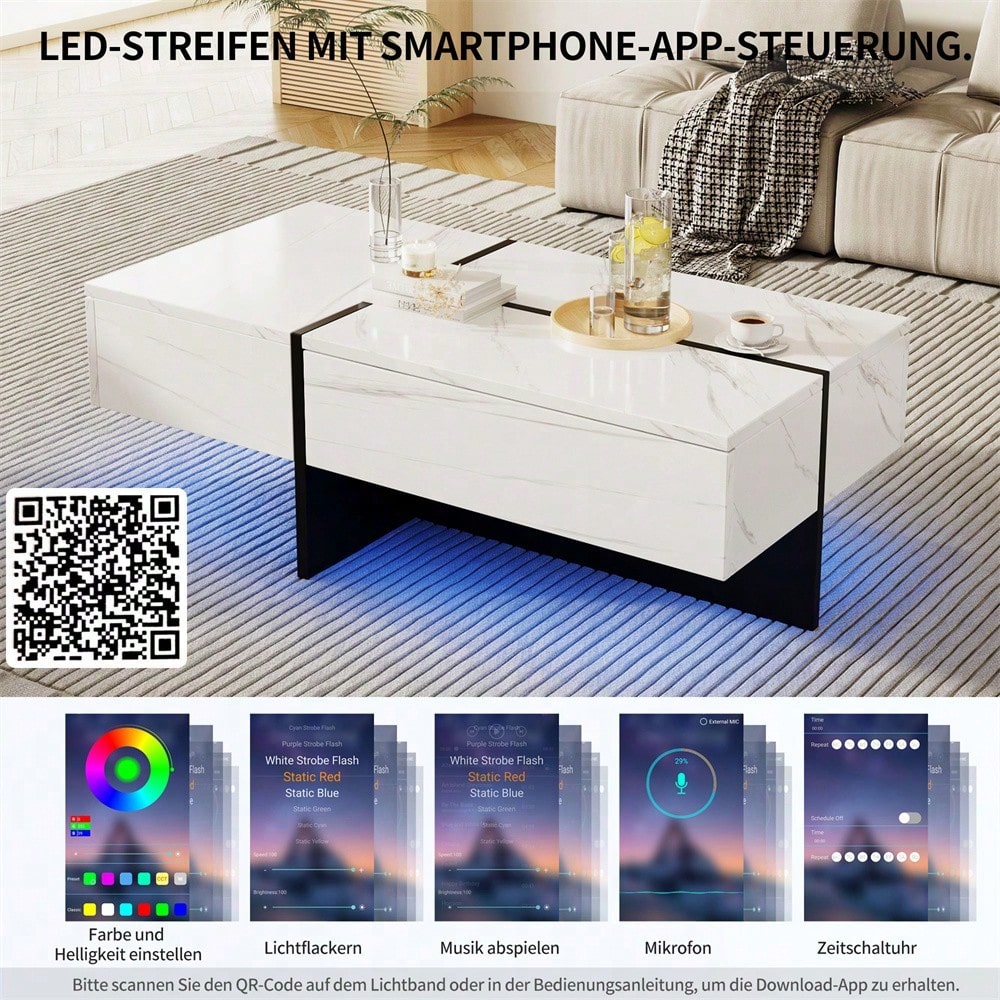 Hochglänzender Couchtisch, schwarz-weiße Colorblock-Struktur, Wohnzimmermöbel, 100*50*34,5cm, mit App-gesteuertem LED-Beleuchtungssystem