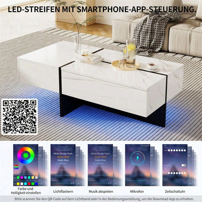 Hochglänzender Couchtisch, schwarz-weiße Colorblock-Struktur, Wohnzimmermöbel, 100*50*34,5cm, mit App-gesteuertem LED-Beleuchtungssystem