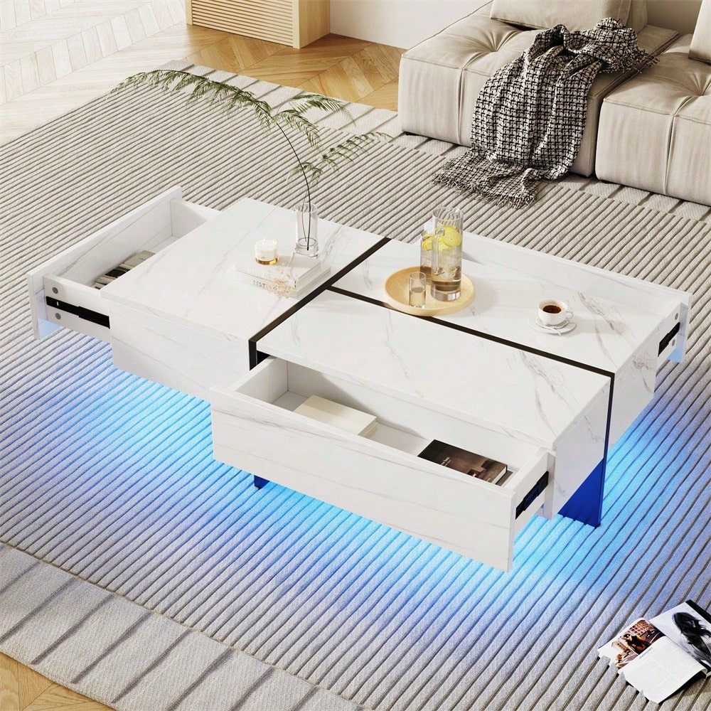 Hochglänzender Couchtisch, schwarz-weiße Colorblock-Struktur, Wohnzimmermöbel, 100*50*34,5cm, mit App-gesteuertem LED-Beleuchtungssystem