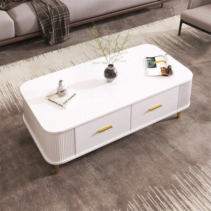 Couchtisch mit Schubladen, geschwungenen Ecken, Wohnzimmertisch mit gewellten Seiten, goldenen Griffen und Beinen, Beistelltisch
