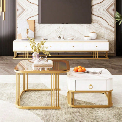Stapelbarer Couchtisch: Hochglänzende Marmoroptik, goldene Akzente, Beistelltisch mit Schubladen. zweiteiliges Set