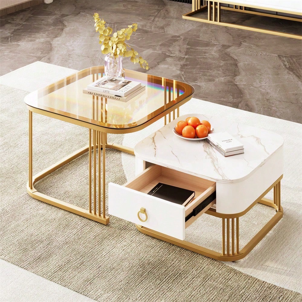 Stapelbarer Couchtisch: Hochglänzende Marmoroptik, goldene Akzente, Beistelltisch mit Schubladen. zweiteiliges Set