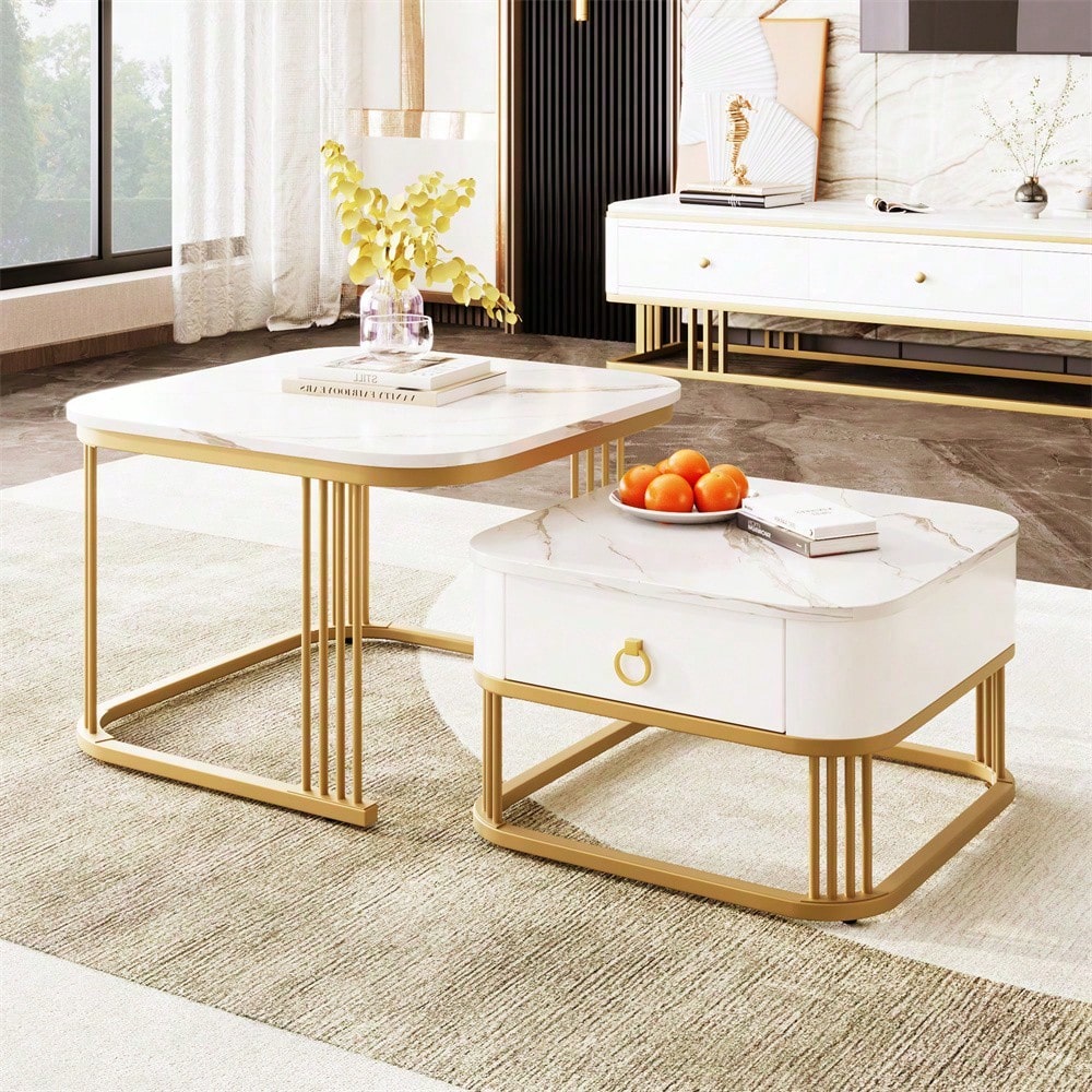 Stapelbarer Couchtisch: Hochglänzende Marmoroptik, goldene Akzente, Beistelltisch mit Schubladen. zweiteiliges Set