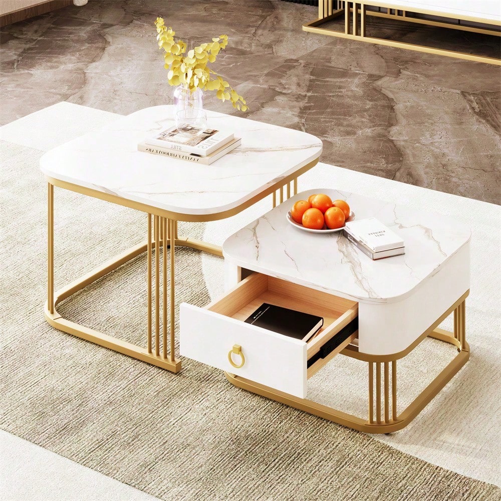 Stapelbarer Couchtisch: Hochglänzende Marmoroptik, goldene Akzente, Beistelltisch mit Schubladen. zweiteiliges Set