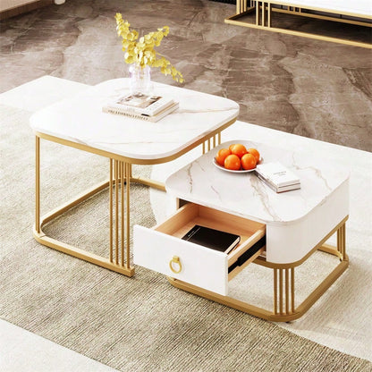 Stapelbarer Couchtisch: Hochglänzende Marmoroptik, goldene Akzente, Beistelltisch mit Schubladen. zweiteiliges Set