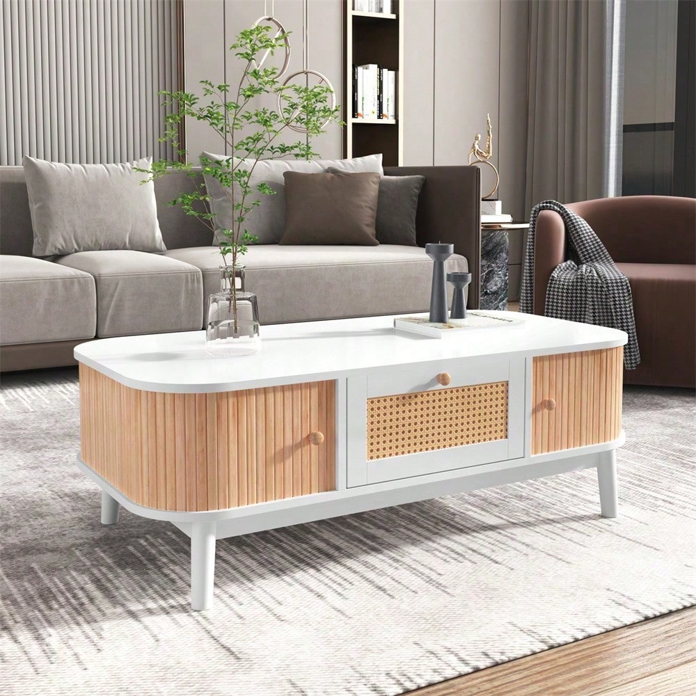 Couchtisch - Rattan-Kaffeetisch, Schubladen mit Rattan und Schiebetüren mit Massivholzlatten, Massivholzbeine, Natürlicher Landhausstil.