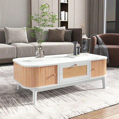 Couchtisch - Rattan-Kaffeetisch, Schubladen mit Rattan und Schiebetüren mit Massivholzlatten, Massivholzbeine, Natürlicher Landhausstil.