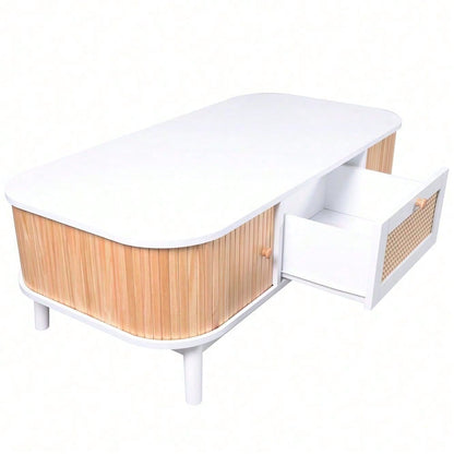 Couchtisch - Rattan-Kaffeetisch, Schubladen mit Rattan und Schiebetüren mit Massivholzlatten, Massivholzbeine, Natürlicher Landhausstil.