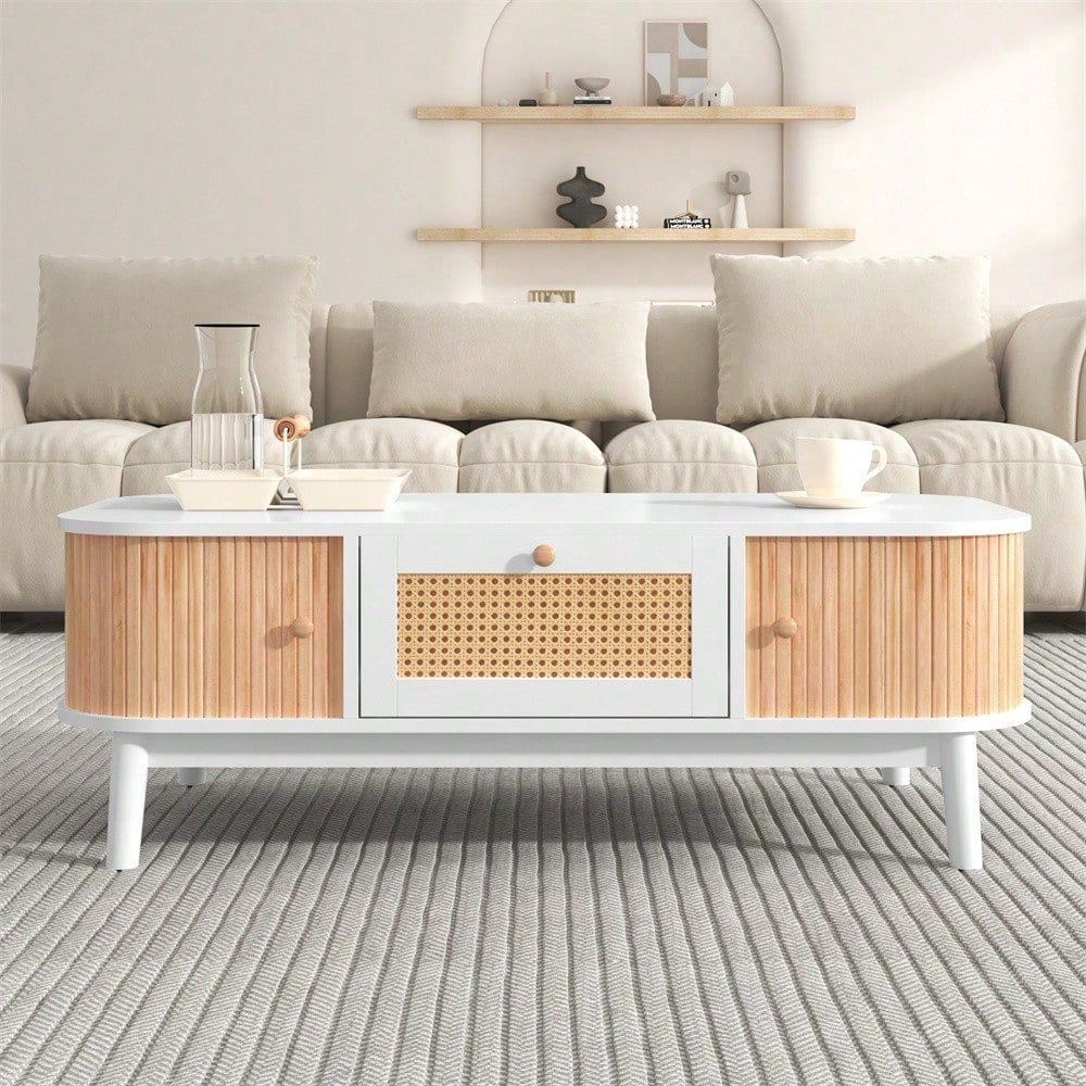 Couchtisch - Rattan-Kaffeetisch, Schubladen mit Rattan und Schiebetüren mit Massivholzlatten, Massivholzbeine, Natürlicher Landhausstil.