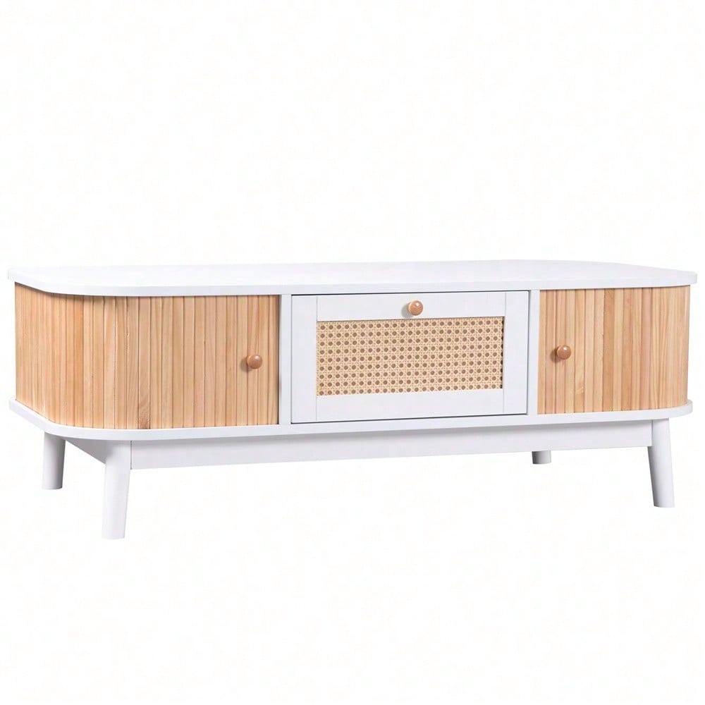 Couchtisch - Rattan-Kaffeetisch, Schubladen mit Rattan und Schiebetüren mit Massivholzlatten, Massivholzbeine, Natürlicher Landhausstil.