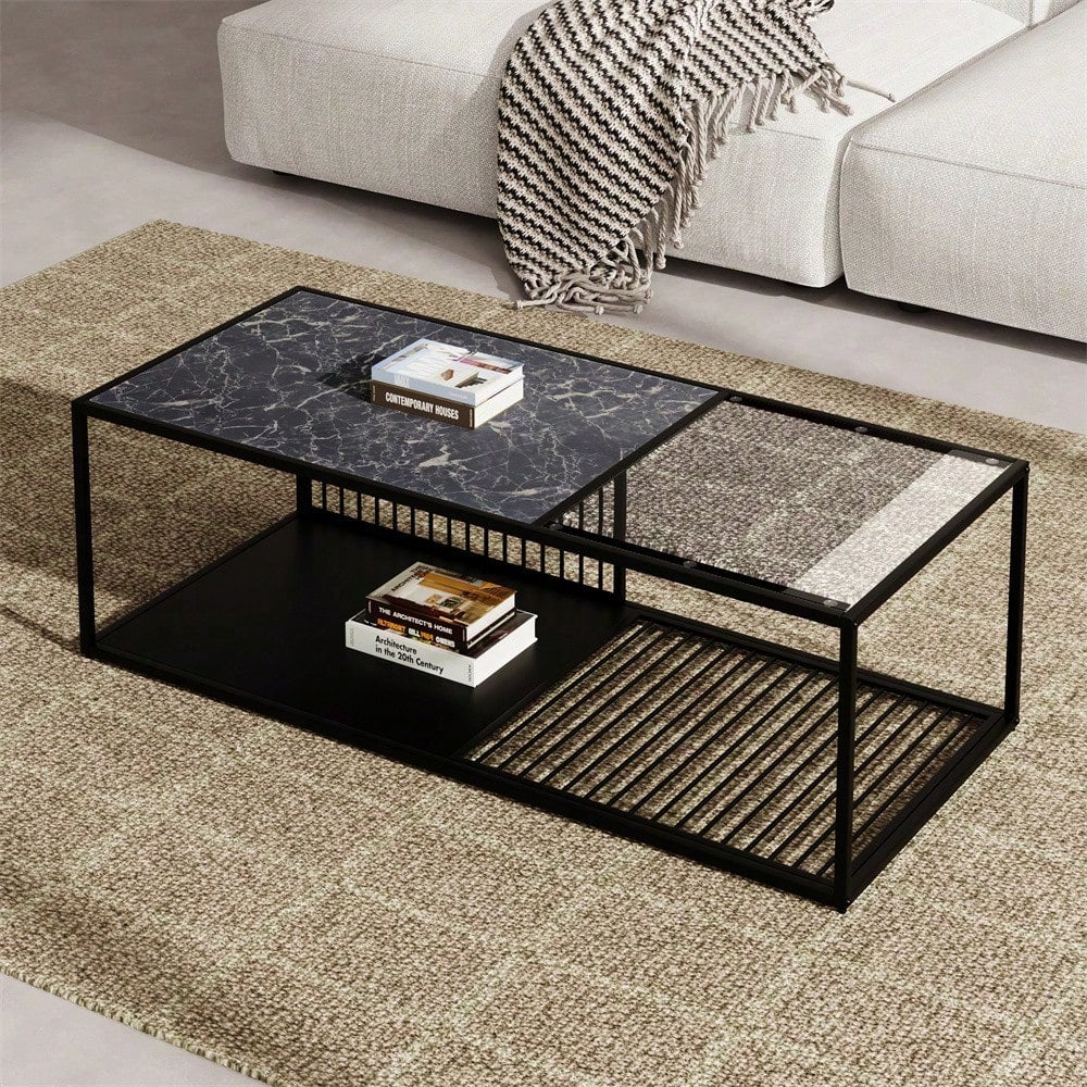 Couchtisch, Schmiedeeiserner Couchtisch mit Glas, großer Stauraum