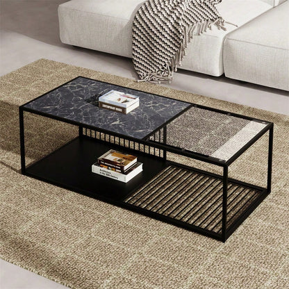 Couchtisch, Schmiedeeiserner Couchtisch mit Glas, großer Stauraum