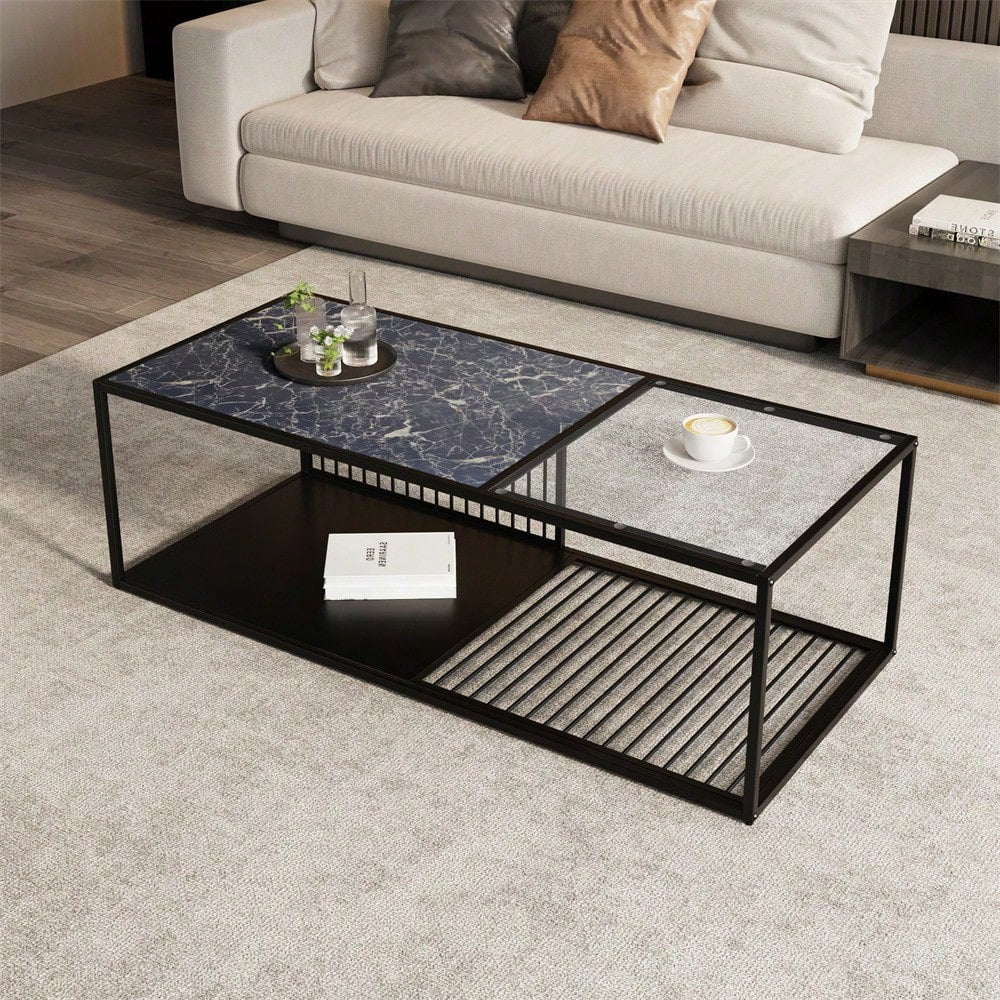 Couchtisch, Schmiedeeiserner Couchtisch mit Glas, großer Stauraum