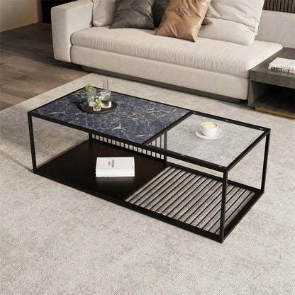 Couchtisch, Schmiedeeiserner Couchtisch mit Glas, großer Stauraum