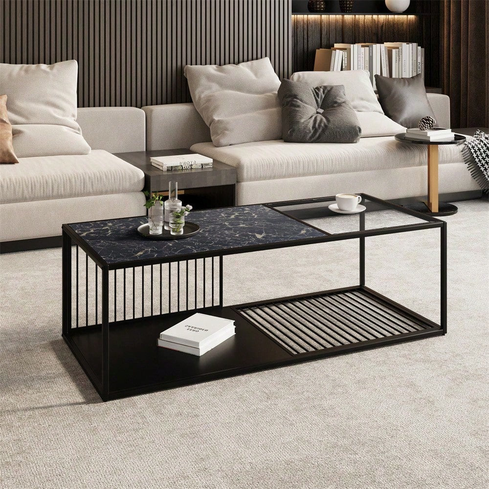 Couchtisch, Schmiedeeiserner Couchtisch mit Glas, großer Stauraum