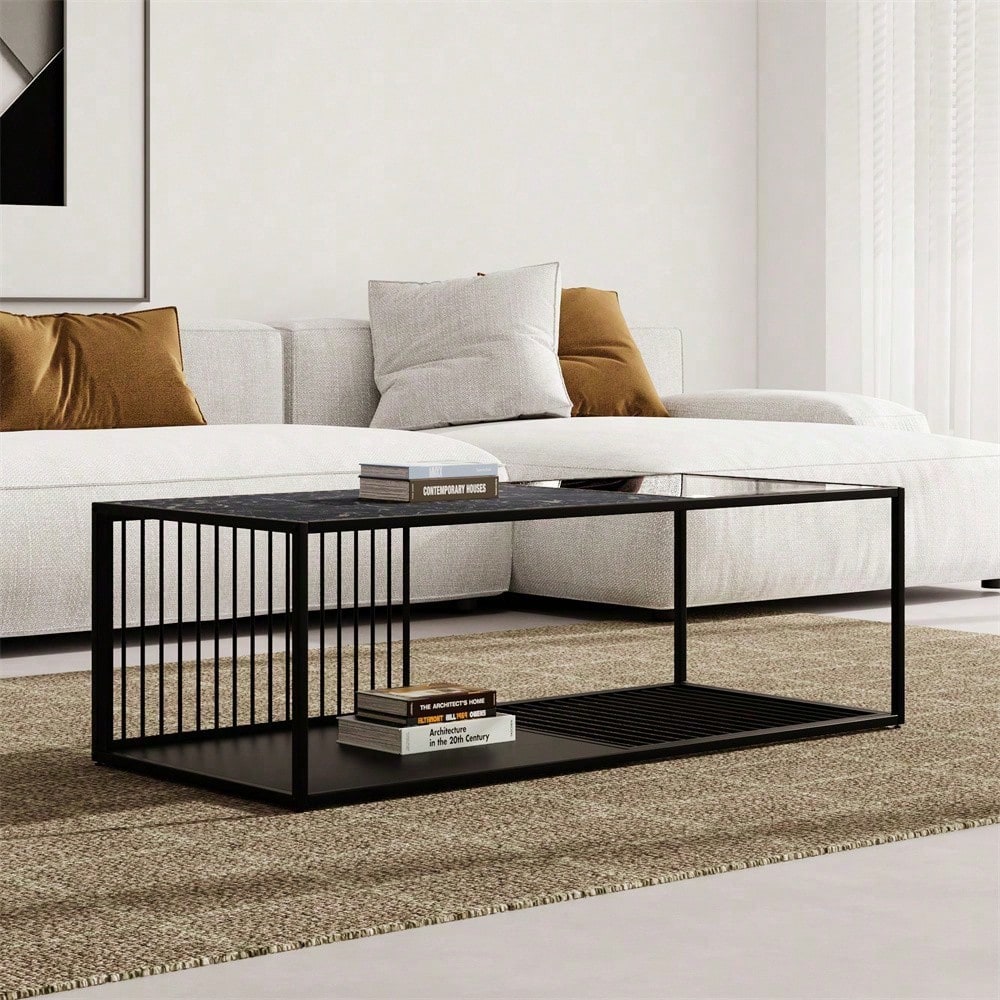 Couchtisch, Schmiedeeiserner Couchtisch mit Glas, großer Stauraum