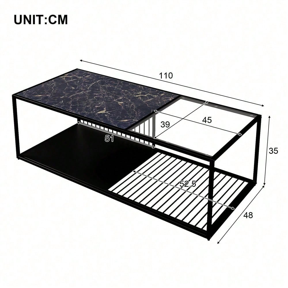 Couchtisch, Schmiedeeiserner Couchtisch mit Glas, großer Stauraum