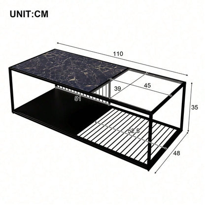 Couchtisch, Schmiedeeiserner Couchtisch mit Glas, großer Stauraum
