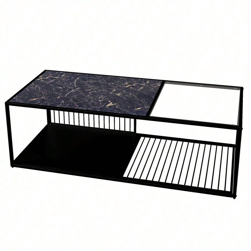 Couchtisch, Schmiedeeiserner Couchtisch mit Glas, großer Stauraum