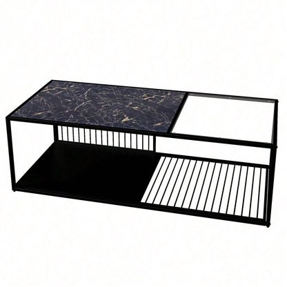 Couchtisch, Schmiedeeiserner Couchtisch mit Glas, großer Stauraum