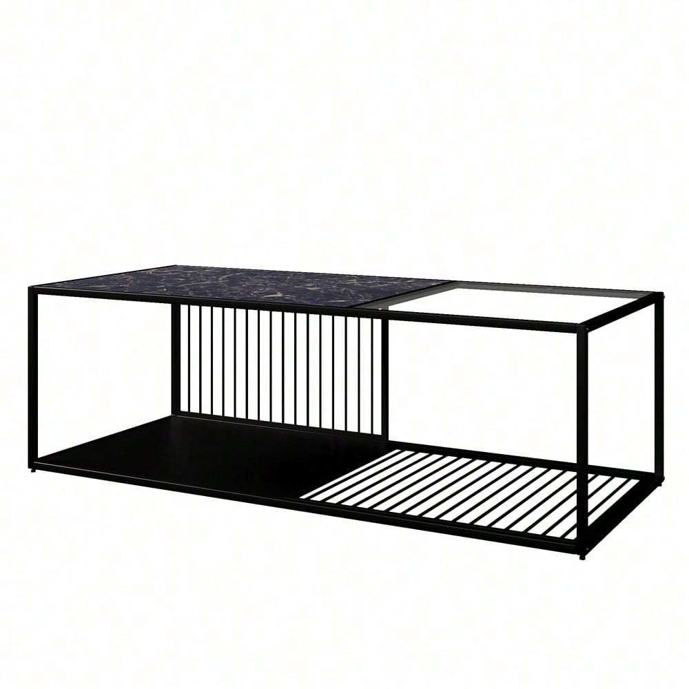Couchtisch, Schmiedeeiserner Couchtisch mit Glas, großer Stauraum