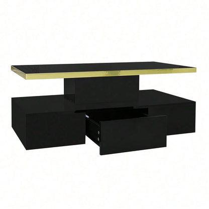 Couchtisch, Tisch mit Schubladen, Hochglanzlackierung, Beistelltisch mit zwei Ablageebenen. Mit LED-Licht
