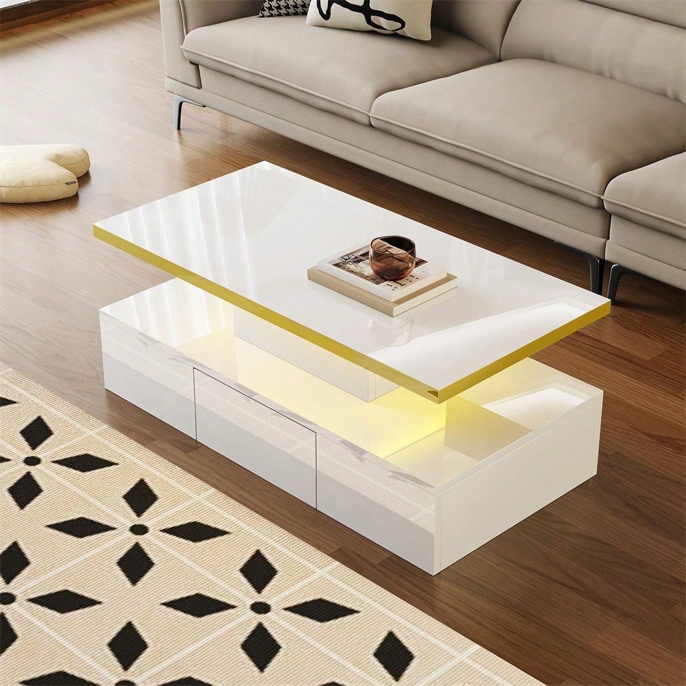 Couchtisch, Tisch mit Schubladen, Hochglanzlackierung, Beistelltisch mit zwei Ablageebenen. Mit LED-Licht